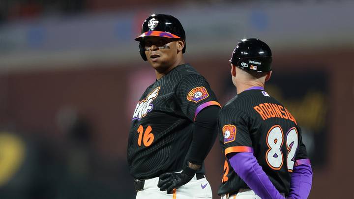 Jun 23, 2026; San Francisco, California, USA; San Francisco Giants first baseman Rafael Devers (16) looks on after hitting an RBI single during the seventh inning against the Athletics at Oracle Park. Mandatory Credit: Sergio Estrada-Imagn Images