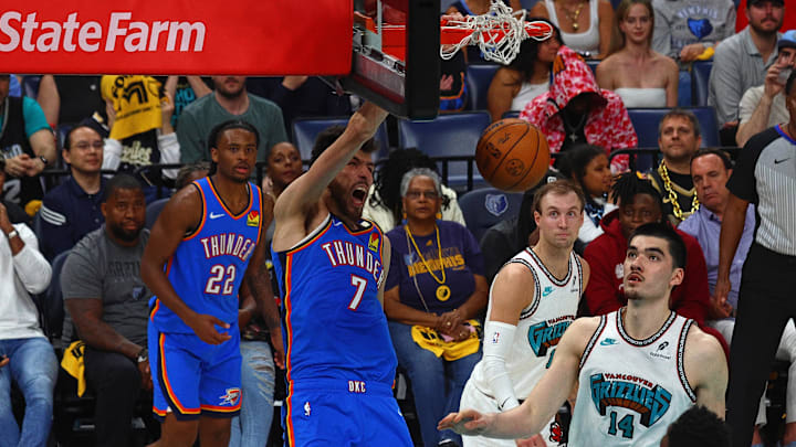 Apr 24, 2025; Memphis, Tennessee, USA; Oklahoma City Thunder forward Chet Holmgren (7) dunks during the second half against the Memphis Grizzlies during game three for the first round of the 2024 NBA Playoffs at FedExForum. Mandatory Credit: Petre Thomas-Imagn Images