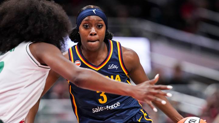 Indiana Fever guard Raven Johnson (3) runs a play against Nigeria’s Blessing Ejiofor (22) on Saturday, May 2, 2026, during the first half of a preseason game at Gainbridge Fieldhouse in Indianapolis.