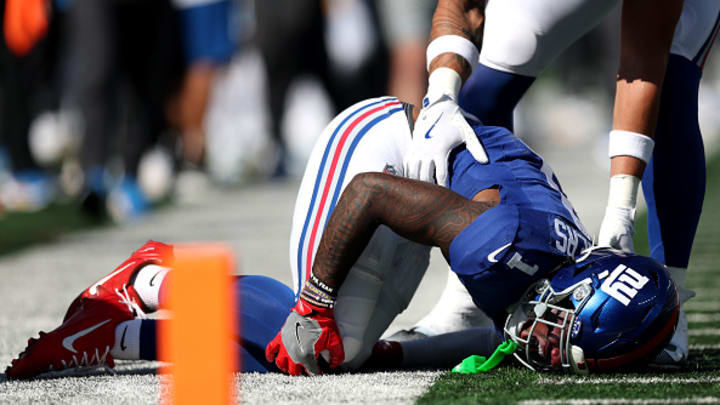 Giants wide receiver Malik Nabers was carted off the field due to a knee injury in the second quarter of Sunday's game against the Chargers.