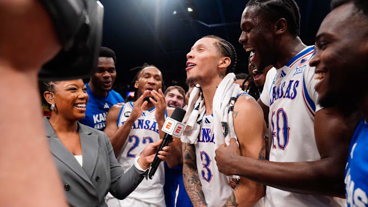 Kansas Jayhawks guard Tre White (3) talks to ESPN following their win over Houston Cougars in the game inside Allen Fieldhouse on Monday, Feb. 23, 2026. Kansas Jayhawks guard Tre White (3) talks to ESPN following their win over Houston Cougars in the game inside Allen Fieldhouse on Monday, Feb. 23, 2026.