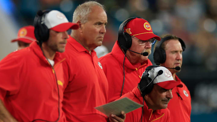 Kansas City Chiefs head coach Andy Reid, center right, looks on with his staff during the fourth quarter of a preseason NFL football game Saturday, Aug. 10, 2024 at EverBank Stadium in Jacksonville, Fla. The Jacksonville Jaguars defeated the Kansas City Chiefs 26-13. [Corey Perrine/Florida Times-Union]