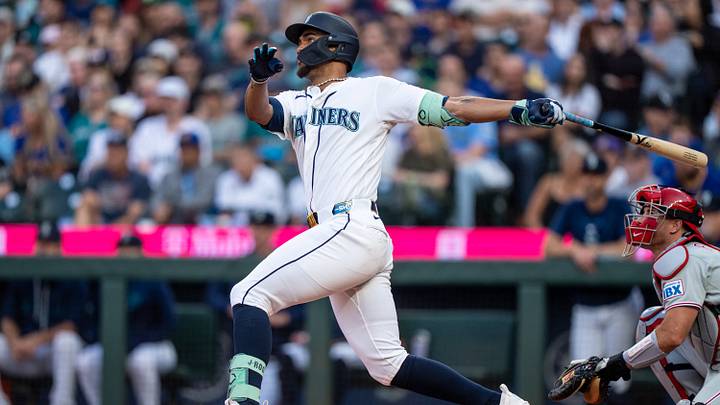 Aug 24, 2026; Seattle, Washington, USA; Seattle Mariners centerfielder Julio Rodriguez (44) hits a three-run home run during the first inning against the Philadelphia Phillies at T-Mobile Park. Mandatory Credit: Stephen Brashear-Imagn Images Aug 24, 2026; Seattle, Washington, USA; Seattle Mariners centerfielder Julio Rodriguez (44) hits a three-run home run during the first inning against the Philadelphia Phillies at T-Mobile Park. Mandatory Credit: Stephen Brashear-Imagn Images