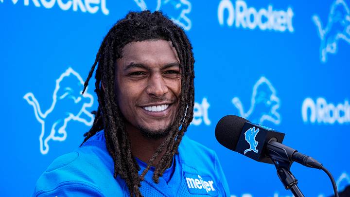 Detroit Lions running back Isiah Pacheco (10) speaks to media members after practice during mini camp at Meijer Performance Center in Allen Park on Tuesday, June 16, 2026. Detroit Lions running back Isiah Pacheco (10) speaks to media members after practice during mini camp at Meijer Performance Center in Allen Park on Tuesday, June 16, 2026.