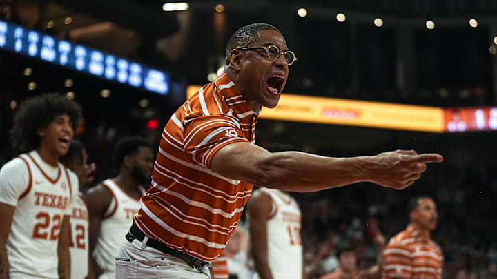 Texas Longhorns head coach Rodney Terry yells from the sideline during the game against the University of Connecticut at the Moody Center on Sunday, Dec. 8, 2024.