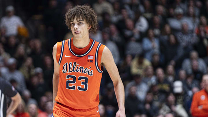 Jan 24, 2026; West Lafayette, Indiana, USA; Illinois Fighting Illini guard Keaton Wagler (23) looks at his teammate during the second half against the Purdue Boilermakers at Mackey Arena. Mandatory Credit: Jacob Musselman-Imagn Images Jan 24, 2026; West Lafayette, Indiana, USA; Illinois Fighting Illini guard Keaton Wagler (23) looks at his teammate during the second half against the Purdue Boilermakers at Mackey Arena. Mandatory Credit: Jacob Musselman-Imagn Images