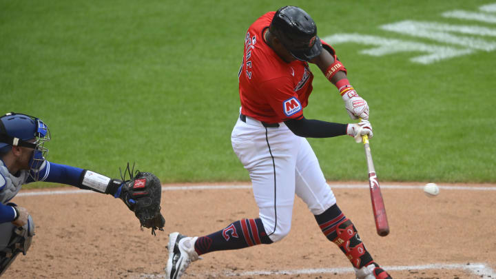 Jun 23, 2024; Cleveland, Ohio, USA; Cleveland Guardians third baseman Angel Martinez (1) singles in the second inning against the Toronto Blue Jays at Progressive Field. Mandatory Credit: David Richard-USA TODAY Sports Jun 23, 2024; Cleveland, Ohio, USA; Cleveland Guardians third baseman Angel Martinez (1) singles in the second inning against the Toronto Blue Jays at Progressive Field. Mandatory Credit: David Richard-USA TODAY Sports