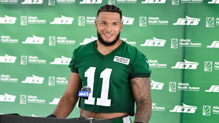 Jul 25, 2024; Florham Park, NJ, USA; New York Jets linebacker Jermaine Johnson (11) speaks to the media after training camp at Atlantic Health Jets Training Center. 