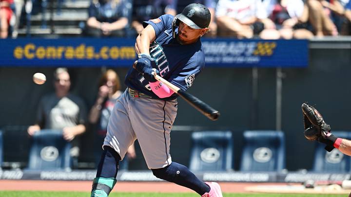 Jun 28, 2026: Seattle Mariners first baseman Josh Naylor (12) hits an RBI double during the third inning against the Cleveland Guardians at Progressive Field. 