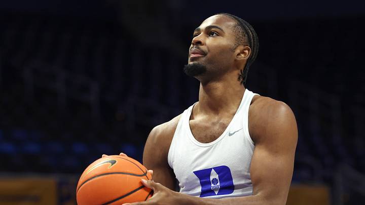 Feb 10, 2026; Pittsburgh, Pennsylvania, USA;  Duke Blue Devils guard Sebastian Wilkins (5) warms up before the game against the Pittsburgh Panthers at Petersen Events Center. Mandatory Credit: Charles LeClaire-Imagn Images