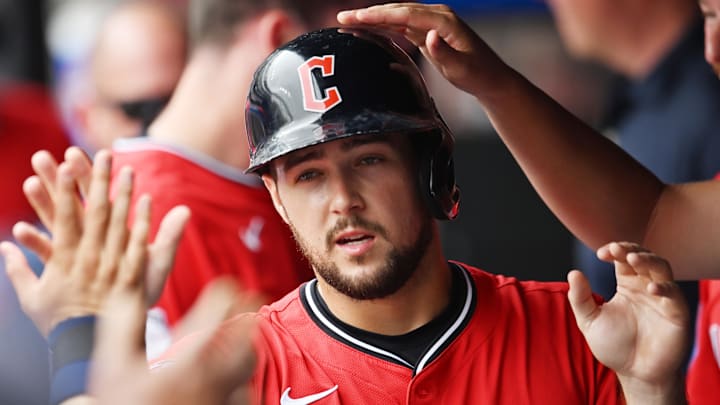 Jul 20, 2025: Cleveland Guardians second baseman Will Wilson (7) celebrates after scoring during the second inning against the Athletics at Progressive Field. 