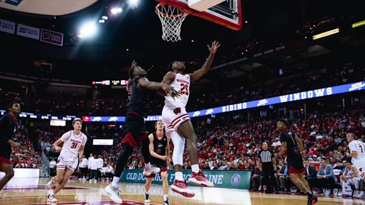 Wisconsin Badgers guard John Blackwell goes for a layup against Northern Illinois. The Badgers won, 97-72, at the Kohl Center on November 7, 2025.