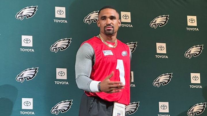 Eagles QB Jalen Hurts speaks with reporters on May 20, 2025.