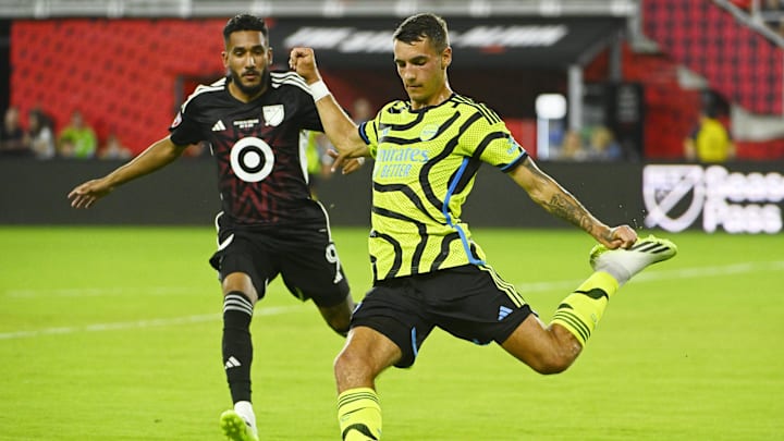 Jul 19, 2023; Washington, DC, USA; Arsenal defender Jakub Kiwior (15) kicks the ball against MLS forward Jesus Ferreira (9) of FC Dallas during the first half of the 2023 MLS All Star Game at Audi Field. Mandatory Credit: Brad Mills-Imagn Images