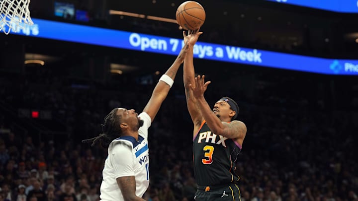 Apr 26, 2024; Phoenix, Arizona, USA; Phoenix Suns guard Bradley Beal (3) shoots over Minnesota Apr 26, 2024; Phoenix, Arizona, USA; Phoenix Suns guard Bradley Beal (3) shoots over Minnesota