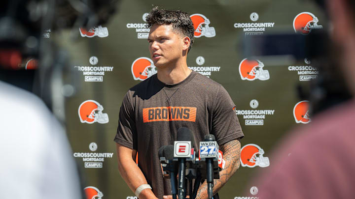 May 10, 2025; Berea, OH, USA; Cleveland Browns quarterback Dillon Gabriel (5) talks to the media during rookie minicamp at CrossCountry Mortgage Campus. Mandatory Credit: Ken Blaze-Imagn Images