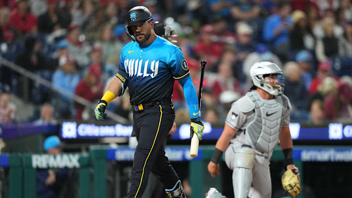 Apr 10, 2026; Philadelphia, Pennsylvania, USA; Philadelphia Phillies designated hitter Kyle Schwarber (12) reacts after striking out against the Arizona Diamondbacks in the fifth inning at Citizens Bank Park. 