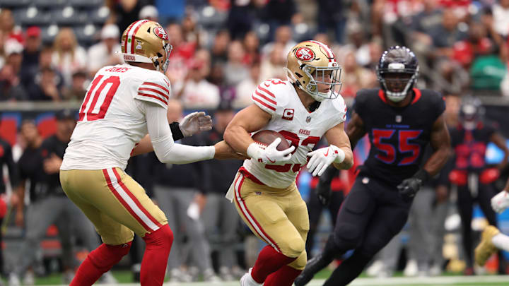 Oct 26, 2025; Houston, Texas, USA; San Francisco 49ers running back Christian McCaffrey (23) runs after a handoff from San Francisco 49ers quarterback Mac Jones (10) during the first quarter against the Houston Texans at NRG Stadium. Mandatory Credit: Troy Taormina-Imagn Images Oct 26, 2025; Houston, Texas, USA; San Francisco 49ers running back Christian McCaffrey (23) runs after a handoff from San Francisco 49ers quarterback Mac Jones (10) during the first quarter against the Houston Texans at NRG Stadium. Mandatory Credit: Troy Taormina-Imagn Images
