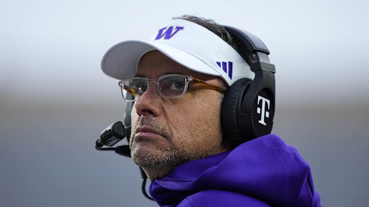 Nov 8, 2025; Madison, Wisconsin, USA;  Washington Huskies head coach Jedd Fisch looks on during the first quarter against the Wisconsin Badgers at Camp Randall Stadium. Mandatory Credit: Jeff Hanisch-Imagn Images