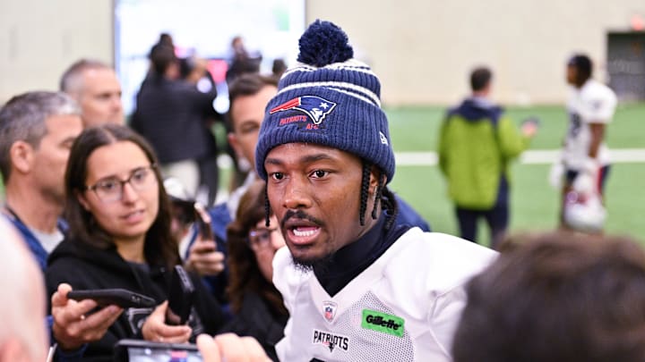 Jun 10, 2025; Foxborough, MA, USA; New England Patriots wide receiver Stefon Diggs (8) speaks to the media after minicamp held in the WIN Field House at Gillette Stadium. Mandatory Credit: Eric Canha-Imagn Images