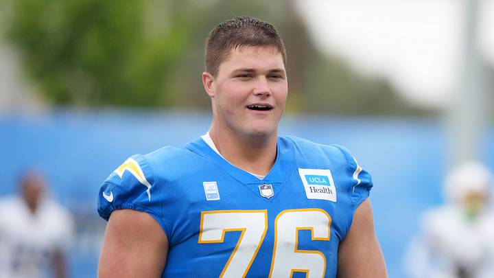 Jul 21, 2025; El Segundo, CA, USA; Los Angeles Chargers tackle Joe Alt (76) at training camp at The Bolt. Mandatory Credit: Kirby Lee-Imagn Images