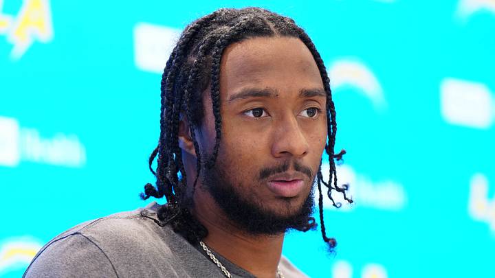 May 20, 2025; El Segundo, CA, USA; Los Angeles Chargers linebacker Del'Shawn Phillips looks on at press conference during offseason workouts at The Bolt. Mandatory Credit: Kirby Lee-Imagn Images
