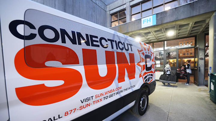 A truck with a Connecticut Sun logo is seen at Massasoit Community College in Brockton, Mass.