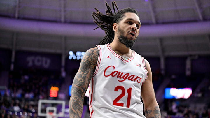 Jan 28, 2026; Fort Worth, Texas, USA; Houston Cougars guard Emanuel Sharp (21) celebrates after he makes a jump shot against the TCU Horned Frogs during the second half at Ed and Rae Schollmaier Arena. Mandatory Credit: Jerome Miron-Imagn Images