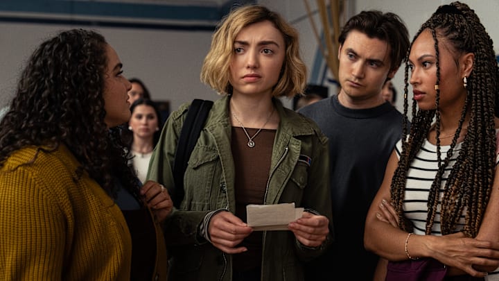 L-R: Kiara Pichardo as Nicole Herrera, Erika Swayze as Livia, Peyton List as Maddie Nears, Spencer Macpherson as Xavier Baxter, and Rainbow Wedell as Claire Zomer in School Spirits season 3