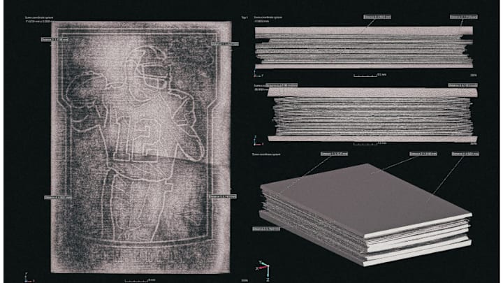 A 2000 Bowman Chrome Tom Brady rookie card as seen through the CT scanner. (Image by Industrial Inspection and Consulting) A 2000 Bowman Chrome Tom Brady rookie card as seen through the CT scanner. (Image by Industrial Inspection and Consulting)