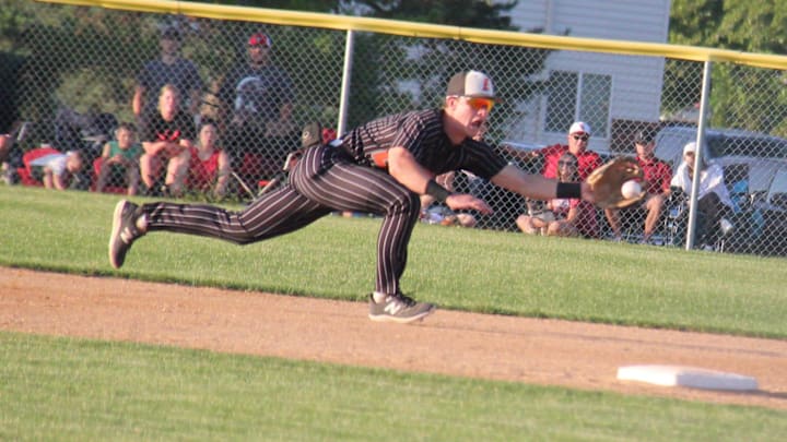 Sioux City East's Cal Jepsen fields the ball during a substate game against Dallas Center-Grimes on Wednesday, July 17, 2024, in Dallas Center.