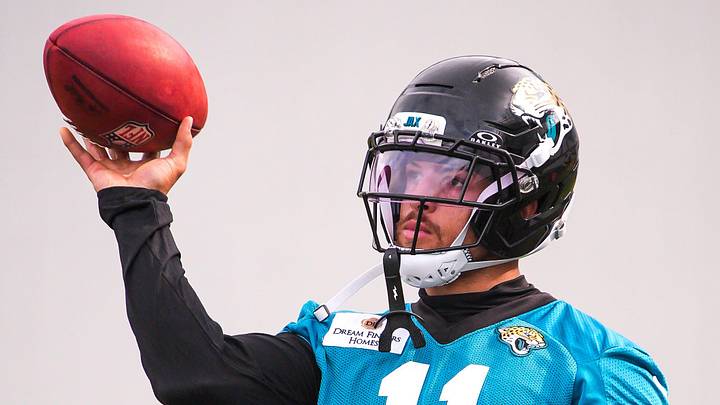 Jaguars wide receiver Parker Washington (11) throws the ball after catching punts during the Jaguars’ fourth OTA of the year, Monday June 1, 2026 at the Miller Electric Center in Jacksonville, Fla.