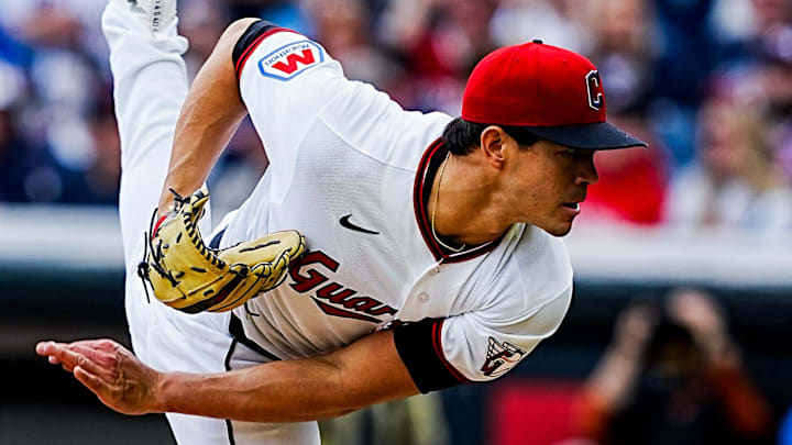 Cleveland Guardians starting pitcher Joey Cantillo (54) delivers a pitch during the home opening game against the Chicago Cubs, April 4, 2026, at Progressive Field in Cleveland, Ohio.