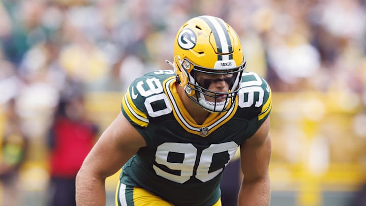 Aug 26, 2023; Green Bay, Wisconsin, USA;  Green Bay Packers linebacker Lukas Van Ness (90) during the game against the Seattle Seahawks at Lambeau Field. Mandatory Credit: Jeff Hanisch-Imagn Images