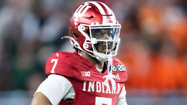 Jan 19, 2026; Miami Gardens, FL, USA; Indiana Hoosiers defensive back Louis Moore (7) against the Miami Hurricanes in the College Football Playoff National Championship game at Hard Rock Stadium. 