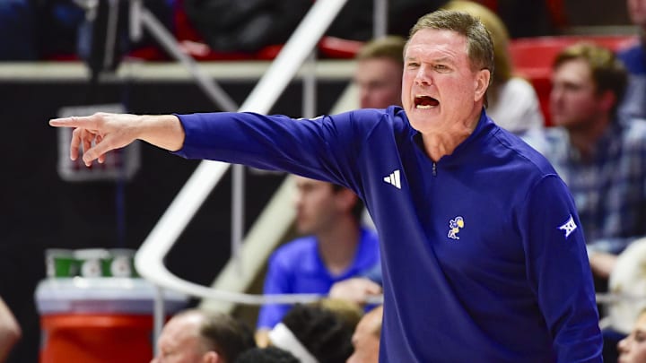 Feb 15, 2025; Salt Lake City, Utah, USA; Kansas Jayhawks head coach Bill Self calls a play against the Utah Utes during the second half at the Jon M. Huntsman Center. Mandatory Credit: Christopher Creveling-Imagn Images