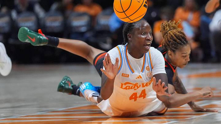 Florida A&M guard Persais Williams (2) falls on top of Tennessee forward Fatmata Janneh (44) during a women’s college basketball exhibition game between the Tennessee Lady Vols and Florida A&M Rattlers at Thompson-Boling Arena at Food City Center on Oct. 27, 2026. Florida A&M guard Persais Williams (2) falls on top of Tennessee forward Fatmata Janneh (44) during a women’s college basketball exhibition game between the Tennessee Lady Vols and Florida A&M Rattlers at Thompson-Boling Arena at Food City Center on Oct. 27, 2026.