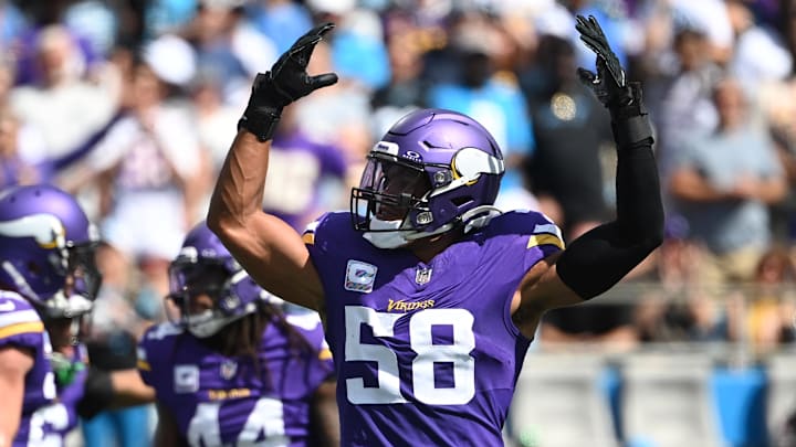 Oct 1, 2023; Charlotte, North Carolina, USA; Minnesota Vikings linebacker Jordan Hicks (58) reacts in the second quarter at Bank of America Stadium.