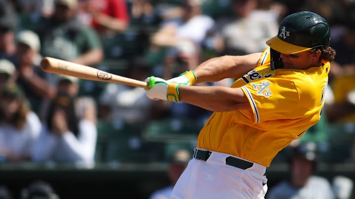 Apr 18, 2026; West Sacramento, California, USA; Athletics first baseman Nick Kurtz (16) hits a two run home run during the seventh inning against the Chicago White Sox at Sutter Health Park. Mandatory Credit: Scott Marshall-Imagn Images