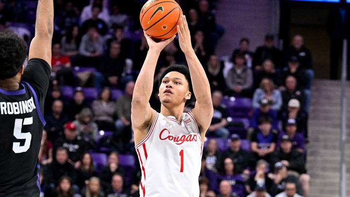 Jan 28, 2026; Fort Worth, Texas, USA; Houston Cougars guard Isiah Harwell (1) makes a jump shot during the game at Ed and Rae Schollmaier Arena. Jan 28, 2026; Fort Worth, Texas, USA; Houston Cougars guard Isiah Harwell (1) makes a jump shot during the game at Ed and Rae Schollmaier Arena.