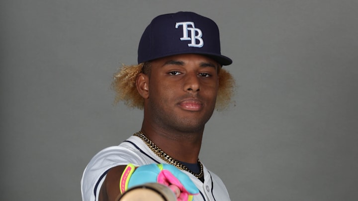 Feb 17, 2025; Port Charlotte, FL, USA; Tampa Bay Rays infielder Tre' Morgan (92) poses for a photo during media day. Feb 17, 2025; Port Charlotte, FL, USA; Tampa Bay Rays infielder Tre' Morgan (92) poses for a photo during media day.