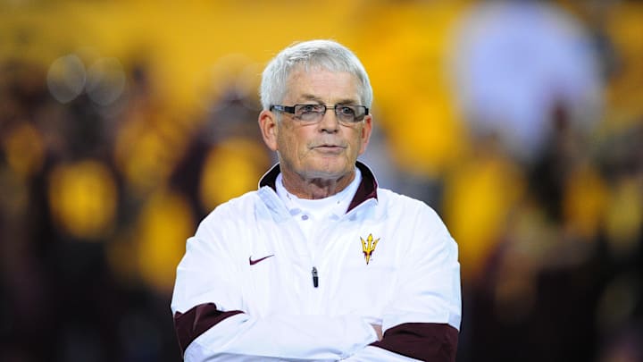 Nov. 25, 2011; Tempe, AZ, USA; Arizona State Sun Devils head coach Dennis Erickson prior to the game against the California Golden Bears at Sun Devil Stadium. Mandatory Credit: Mark J. Rebilas-Imagn Images