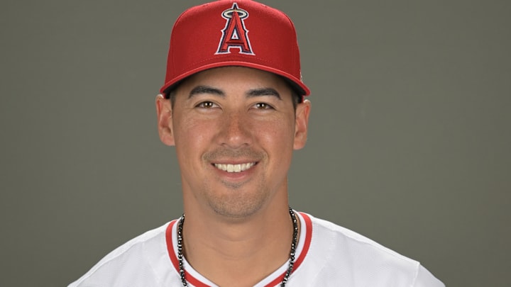 Feb 21, 2024; Tempe, AZ, USA; Los Angeles Angels relief pitcher Robert Stephenson (24) poses for a photo on media day in Tempe, AZ. Mandatory Credit: Jayne Kamin-Oncea-Imagn Images