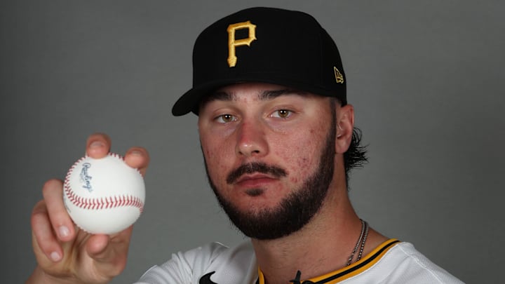 Feb 18, 2025; Bradenton, FL, USA; Pittsburgh Pirates pitcher Paul Skenes (30) poses for a photo during media day at Pirate City. Mandatory Credit: Kim Klement Neitzel-Imagn Images