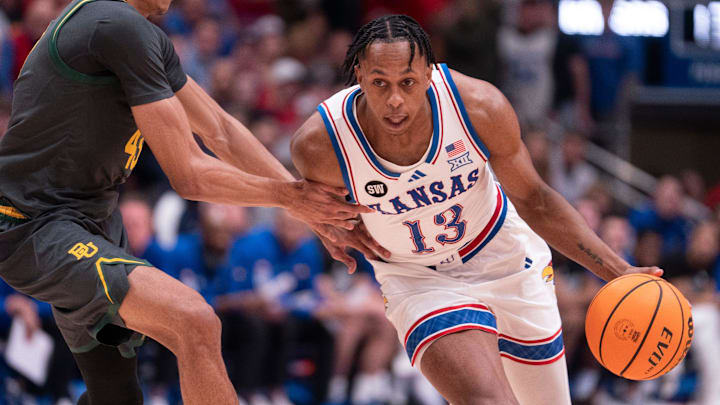 Kansas Jayhawks guard Elmarko Jackson (13) drives the ball against Baylor Bears during the game inside Allen Fieldhouse on Jan. 16, 2026.