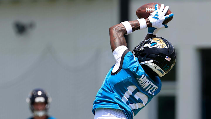 Jacksonville Jaguars wide receiver Travis Hunter (12) hauls in a reception during the first organized team activity at Miller Electric Center Monday, May 19, 2025 in Jacksonville, Fla. Jacksonville Jaguars wide receiver Travis Hunter (12) hauls in a reception during the first organized team activity at Miller Electric Center Monday, May 19, 2025 in Jacksonville, Fla.