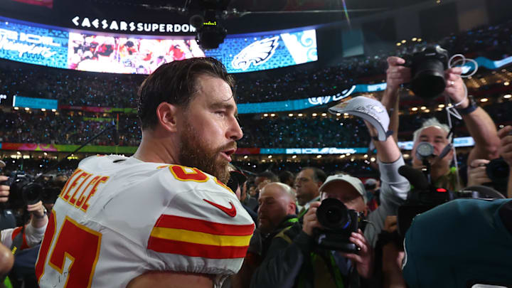 Feb 9, 2025; New Orleans, LA, USA; Kansas City Chiefs tight end Travis Kelce (87) reacts on the field after losing to the Philadelphia Eagles in Super Bowl LIX at Ceasars Superdome. Mandatory Credit: Mark J. Rebilas-Imagn Images Feb 9, 2025; New Orleans, LA, USA; Kansas City Chiefs tight end Travis Kelce (87) reacts on the field after losing to the Philadelphia Eagles in Super Bowl LIX at Ceasars Superdome. Mandatory Credit: Mark J. Rebilas-Imagn Images