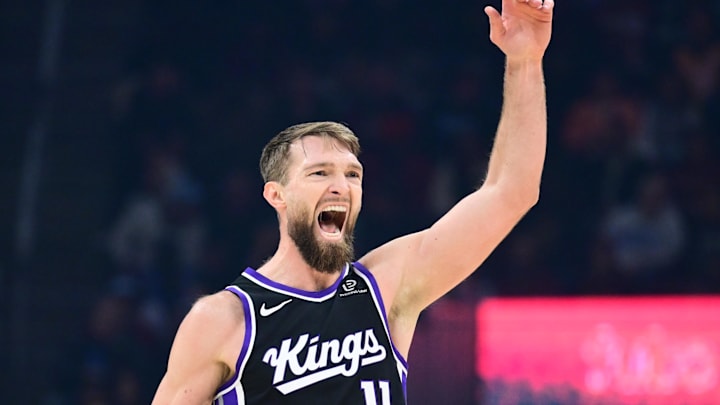 Jan 23, 2026; Cleveland, Ohio, USA; Sacramento Kings forward Domantas Sabonis (11) celebrates after hitting a three point basket against the Cleveland Cavaliers during the first half at Rocket Arena. Jan 23, 2026; Cleveland, Ohio, USA; Sacramento Kings forward Domantas Sabonis (11) celebrates after hitting a three point basket against the Cleveland Cavaliers during the first half at Rocket Arena.