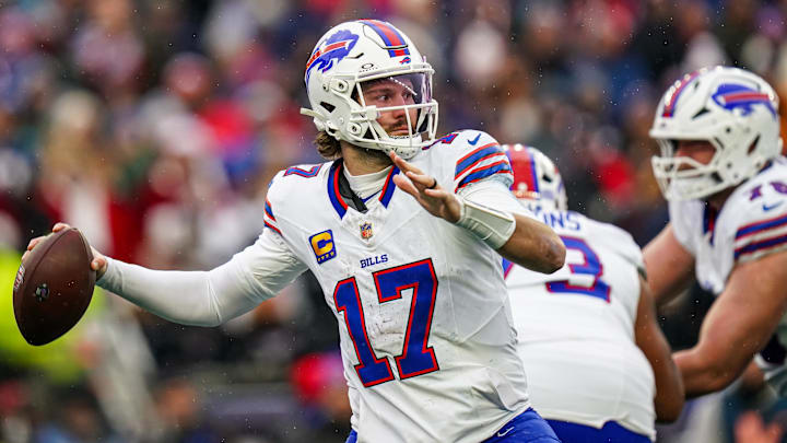 Dec 14, 2025; Foxborough, Massachusetts, USA; Buffalo Bills quarterback Josh Allen (17) passes the ball against the New England Patriots Dec 14, 2025; Foxborough, Massachusetts, USA; Buffalo Bills quarterback Josh Allen (17) passes the ball against the New England Patriots