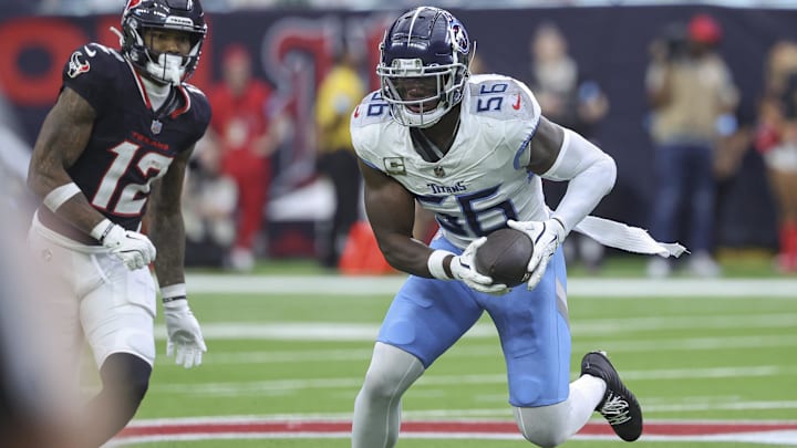Tennessee Titans linebacker Kenneth Murray Jr. intercepts a pass during the third quarter against the Houston Texans at NRG Stadium. Tennessee Titans linebacker Kenneth Murray Jr. intercepts a pass during the third quarter against the Houston Texans at NRG Stadium.